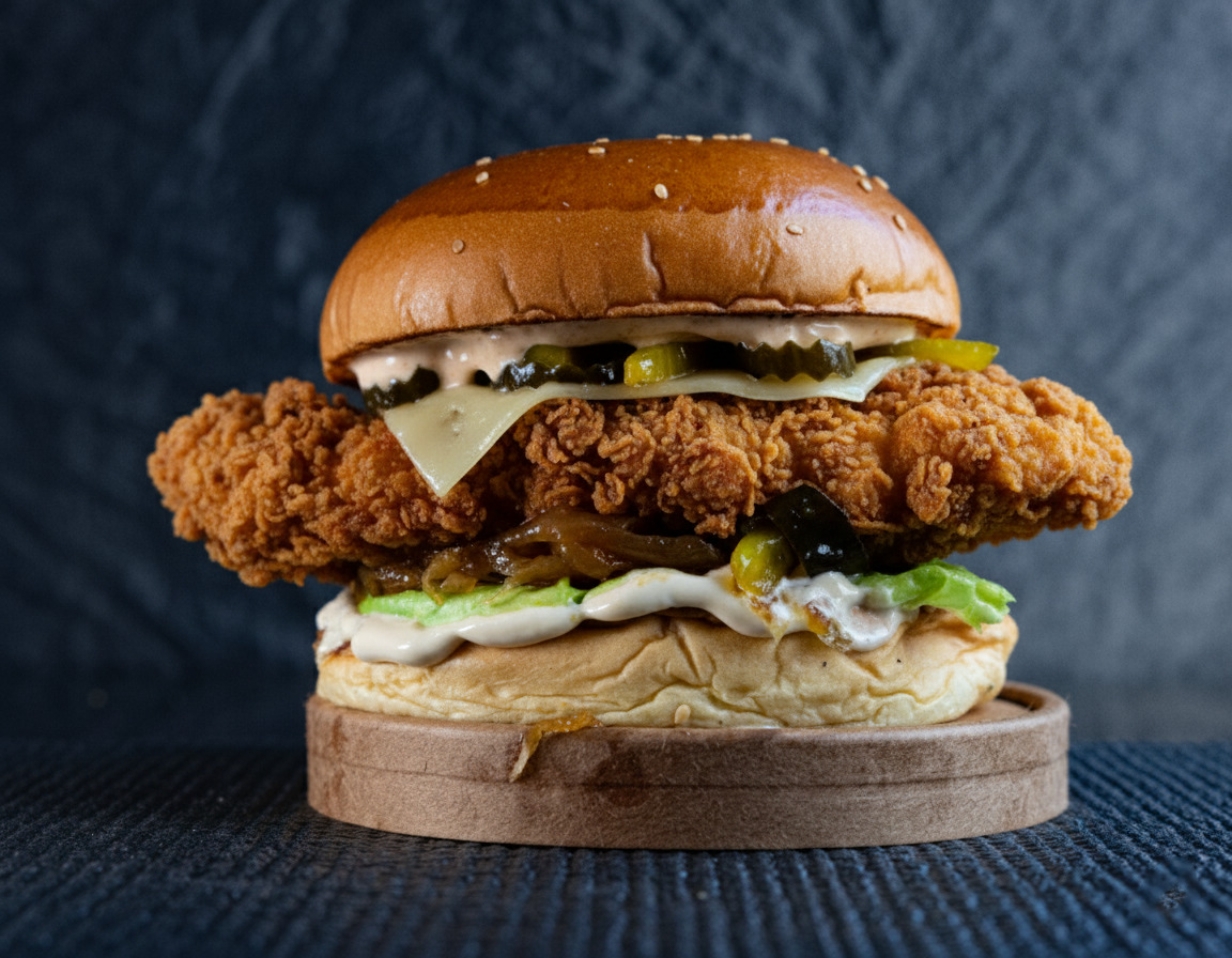 Hamburguesa de pollo crujiente con queso, pepinillos y salsa especial en pan brioche